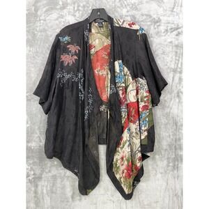 CITRON Santa Monica Size 1X Silk Blend Black  Floral Top Open Front Asian Floral